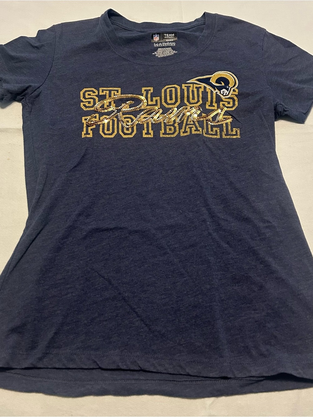 St. Louis Rams NFL Women’s Navy Gold Sequin Graphic T-Shirt Size Medium